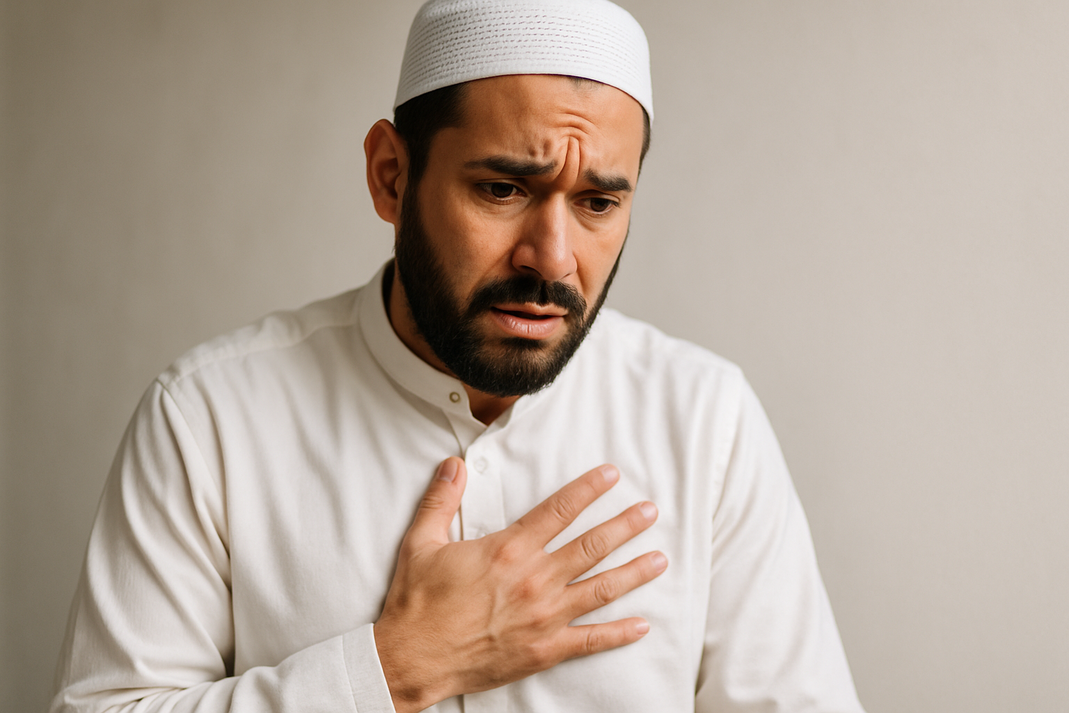 create an image of a  muslim man feeling worried and holding his chest 
