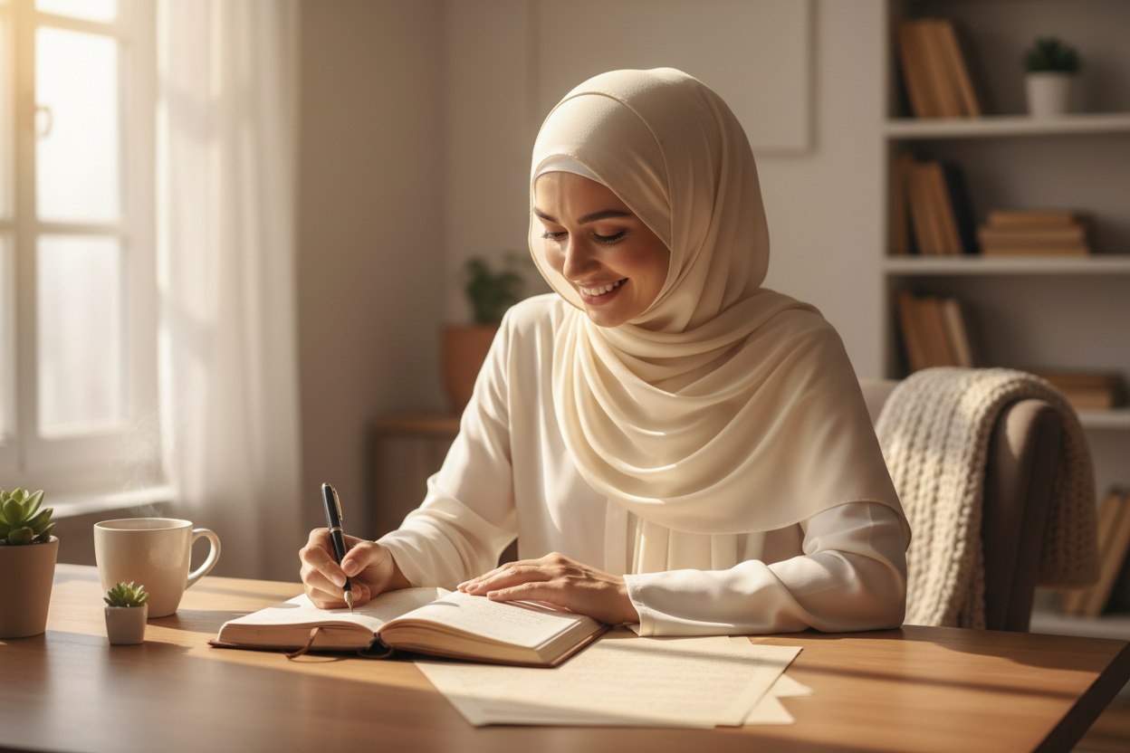 Generate an image of a Muslim lady who is writing on a journal at the same time pondering over her notes smiling 
