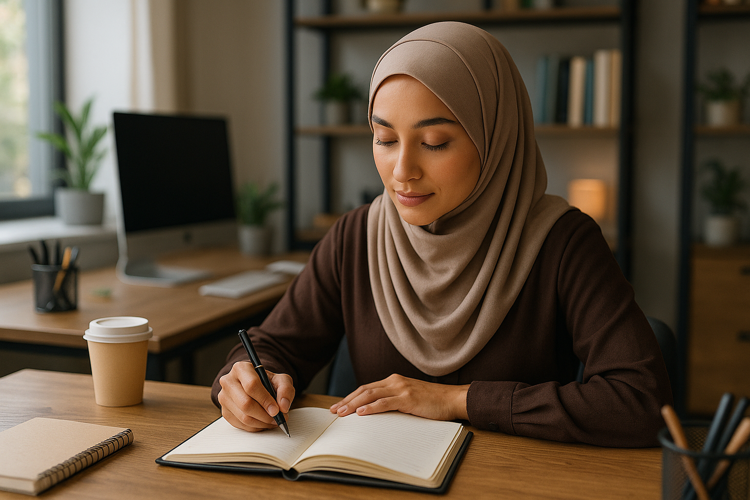 give me muslim lady in hijab writing on a diary on a table with a background of work space