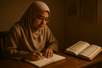 muslim reflecting and writing down what he learn from the quran . 