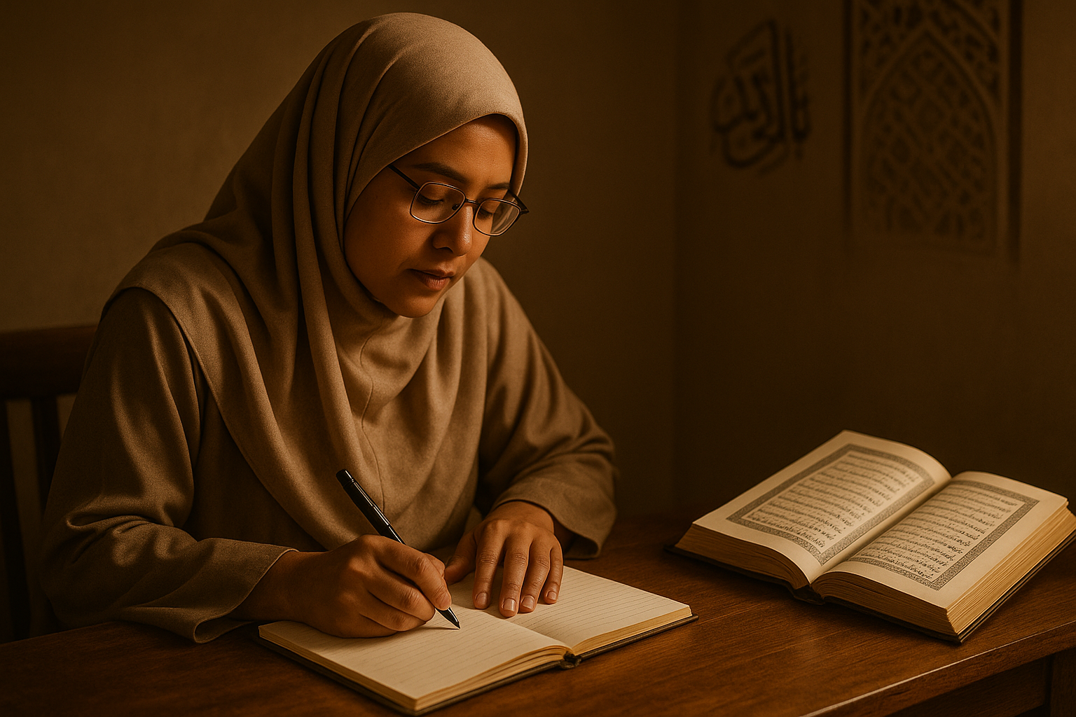 muslim reflecting and writing down what he learn from the quran . 
